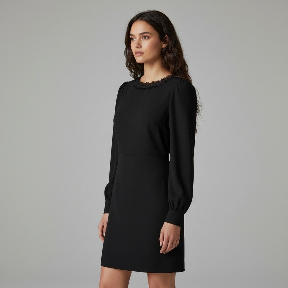 FRNCH Paris Black Lace Trim V-Back Puff Sleeve Mini Dress sz Small Quiet Luxury